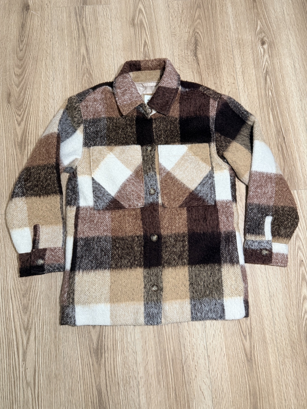 Abercrombie & Fitch Brown, Cream & Tan Plaid Teddy Shacket